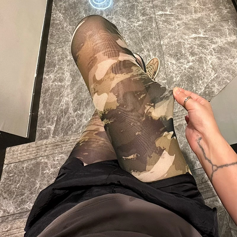 美式复古迷彩网纱印花弹力裤女透肤防晒小脚裤女潮牌军旅风打底裤