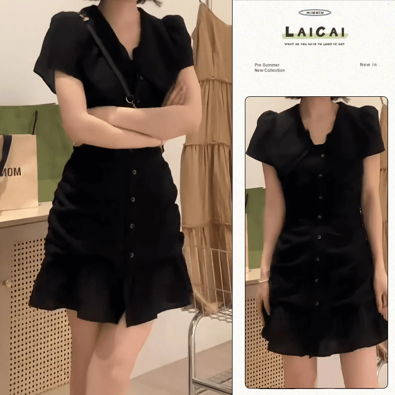 轻熟风压褶V领连衣裙2025夏季新款小众设计感显瘦收腰法式小黑裙