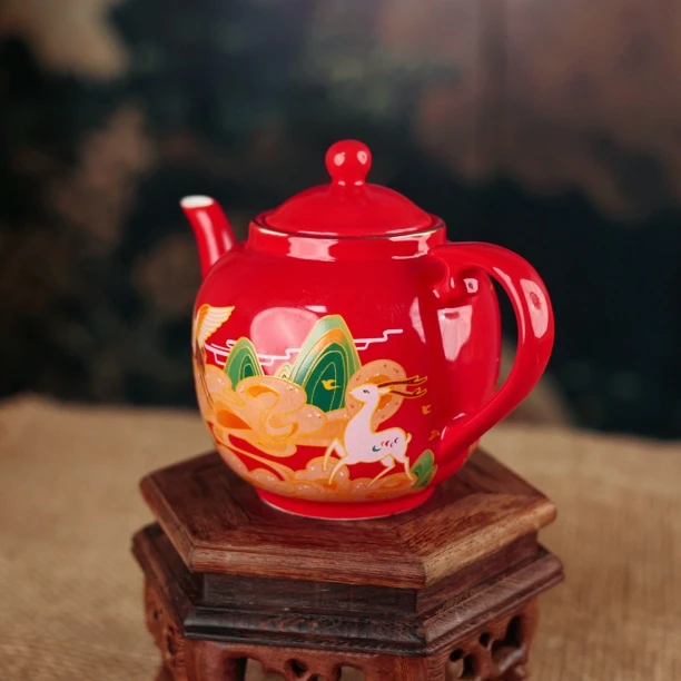 微瑕福利陶瓷礼品尾货鹤舞鹿鸣将军茶壶套装（一壶两杯）安全包装
