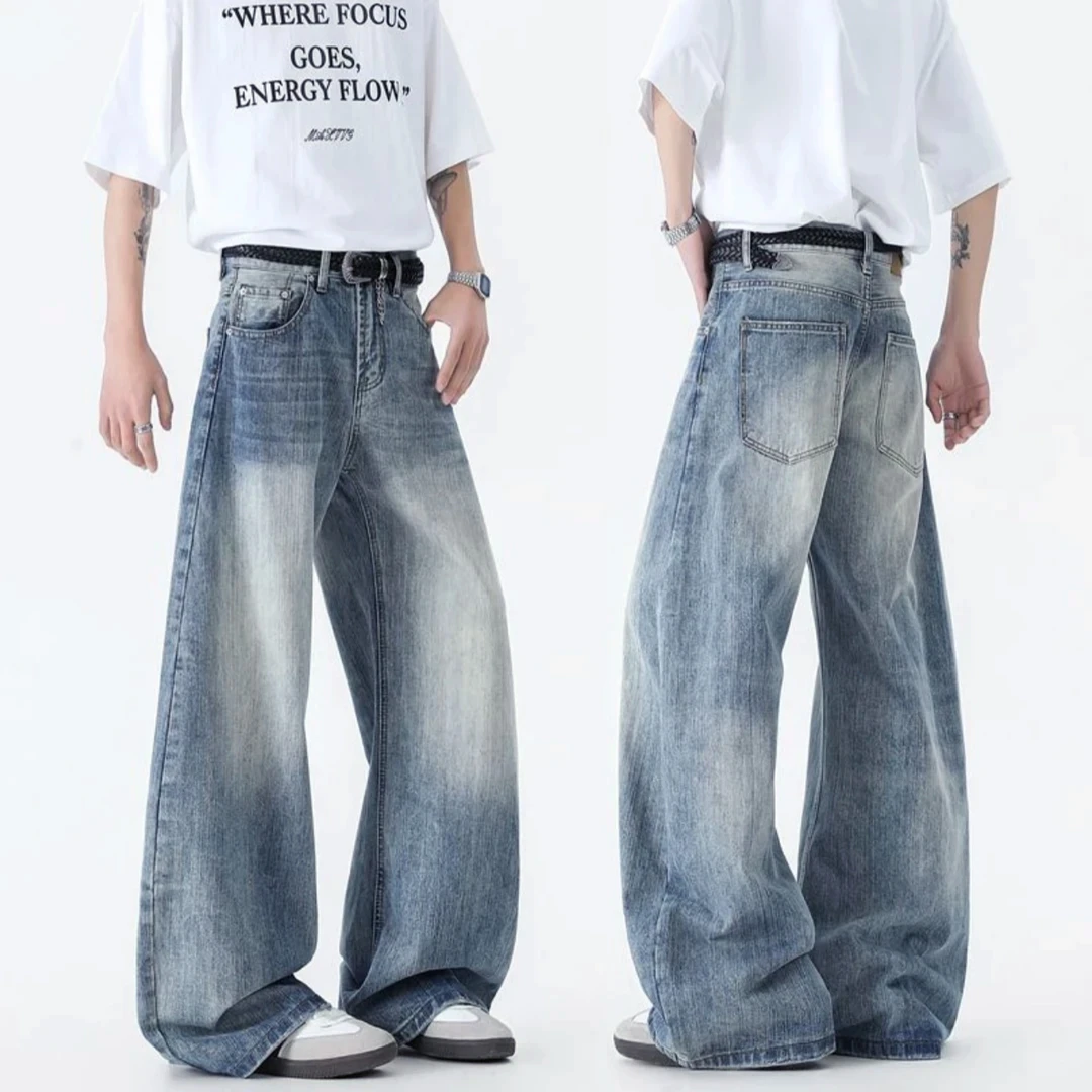 竹节纹阔腿裤高街牛仔裤宽松渐变直筒低腰拖地裤薄款