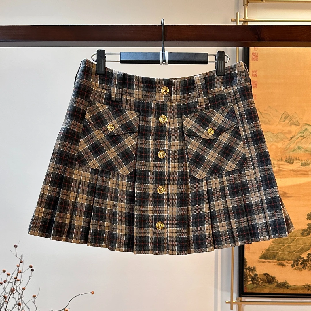 PM王囡囡 咖格纹口袋纽扣百褶裙 (有内衬） ND1A0166