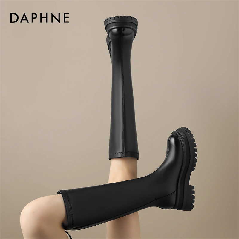 达芙妮网红时尚长筒靴女2025新款冬季黑色骑士靴百搭长靴加绒女靴