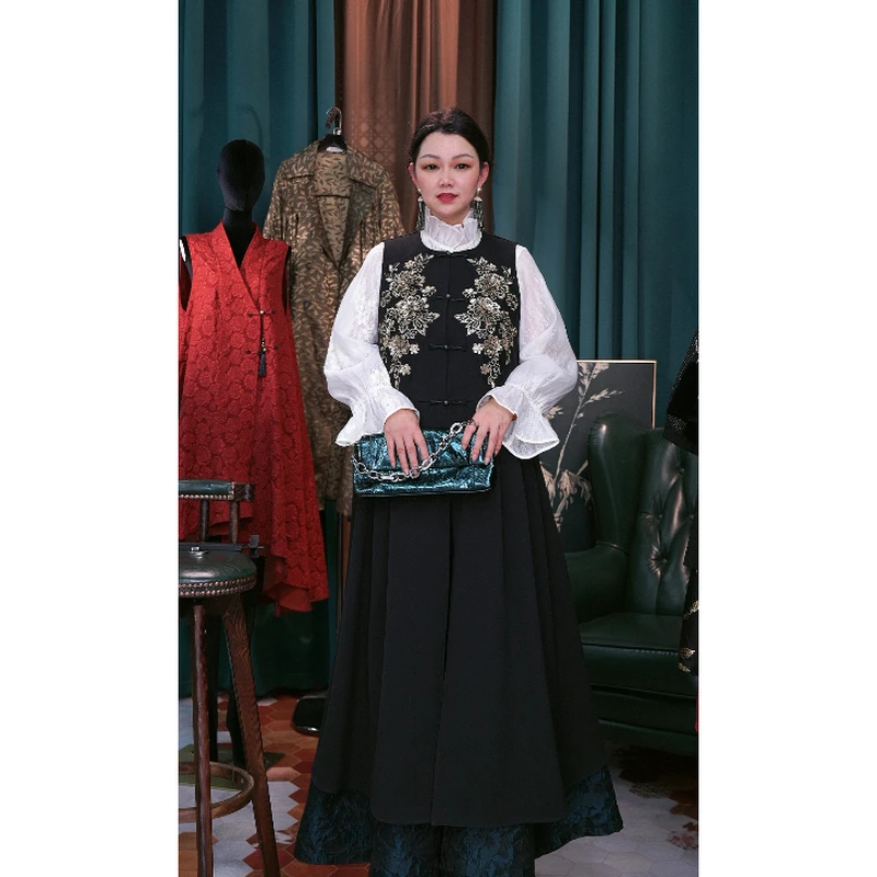 艾翕甄选【黑色记忆】盘扣长款马夹ZX2401240-1