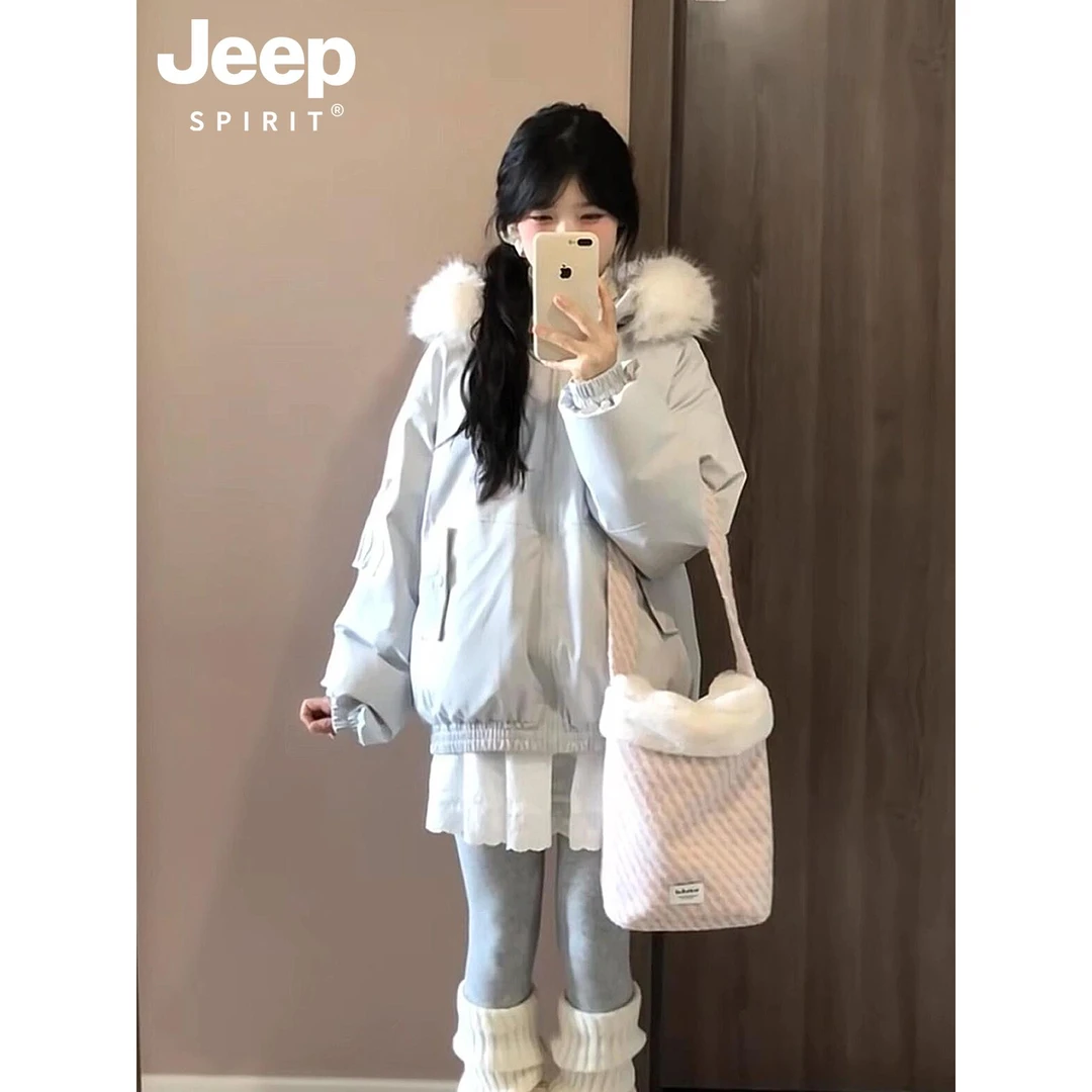 JEEP赵露思许妍同款棉服外套女冬季2025新款羽绒棉衣大毛领派克服