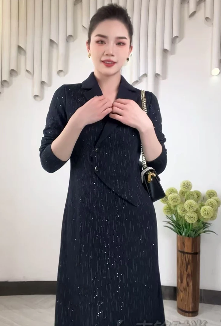【T008】2025新款春秋西装领女款连衣裙长袖WYF