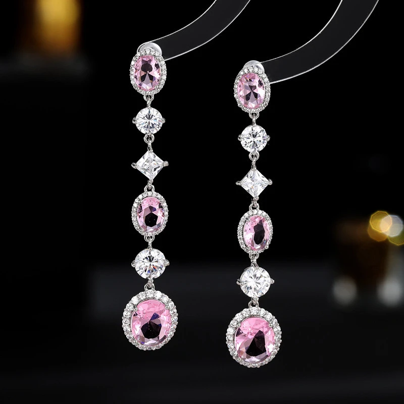 925银耳饰 时尚几何椭圆微镶满锆耳环女长款气质晚宴礼服高级