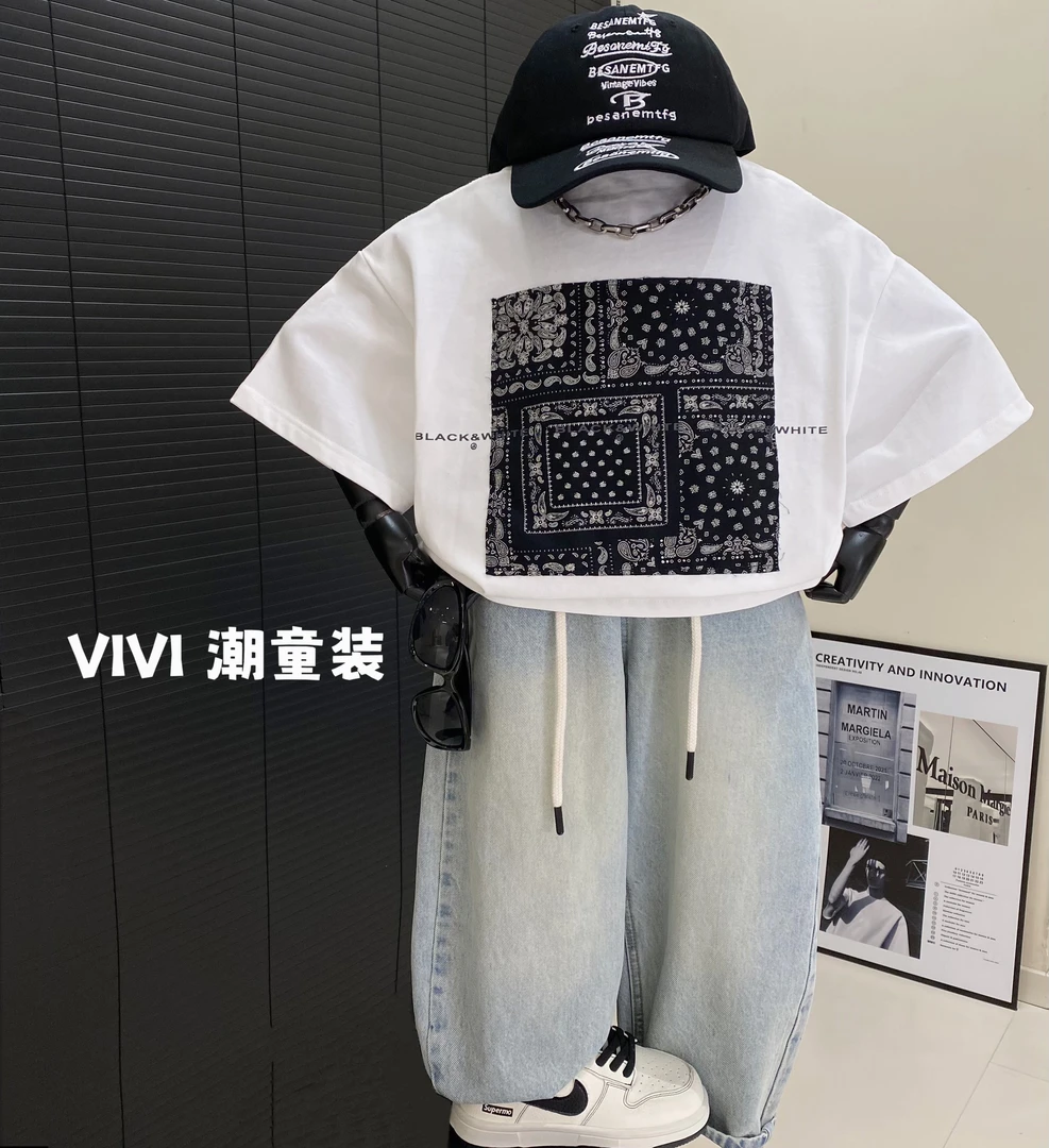 VIVI童装 2025夏款潮流中大童腰果花贴布白色短袖T恤