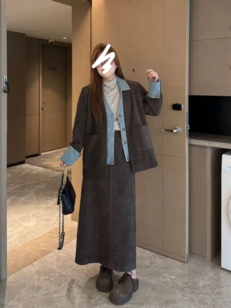 清妍大码女装拼接外套+显瘦裤子套装522822裤222822裙22822外