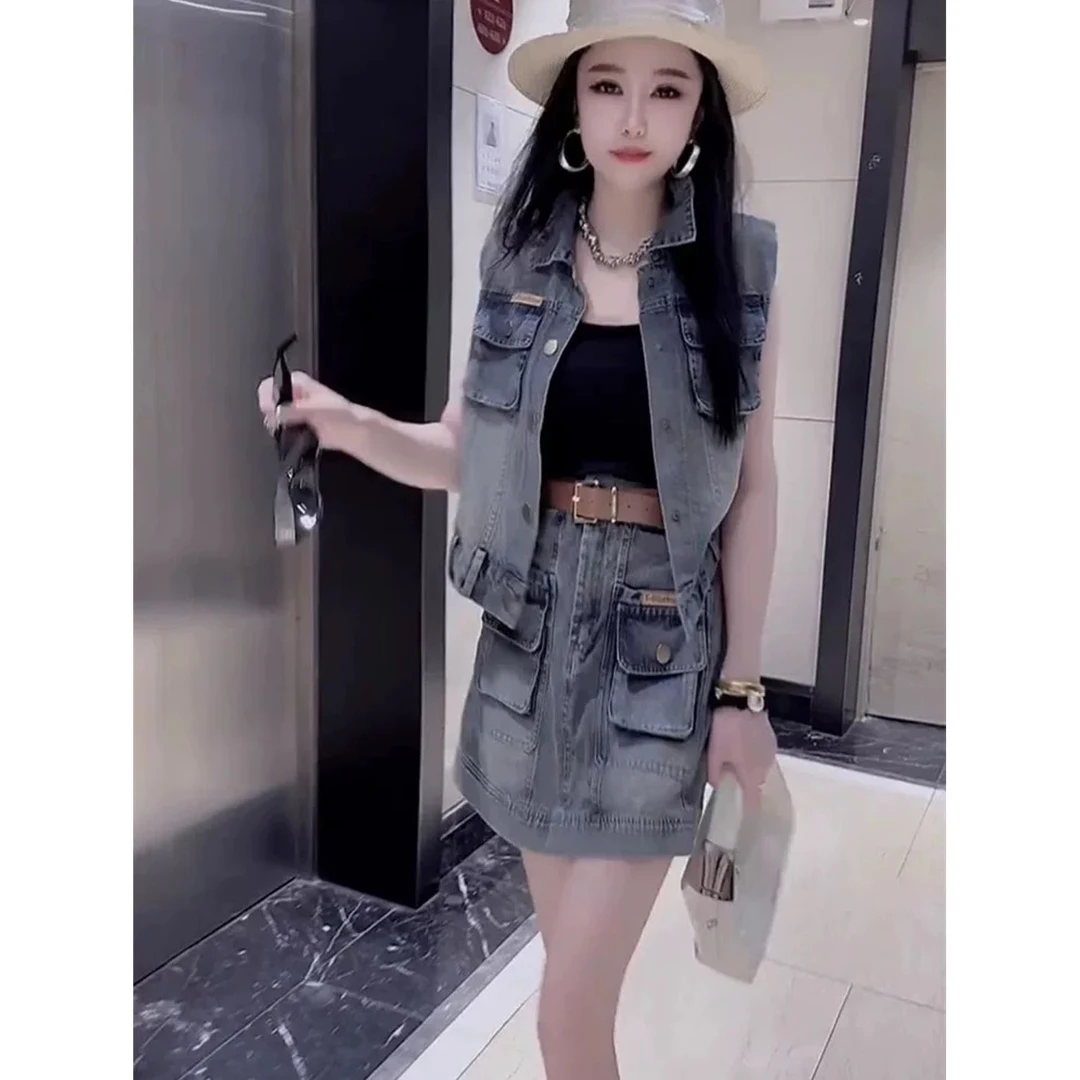 大码女装休闲牛仔套装女2025时尚显瘦工装无袖马甲短裤裙两件套