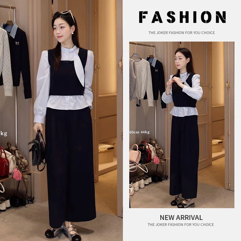 早春时尚一整套女装2025新款韩版假两件拼接衬衫高腰阔腿裤两件套
