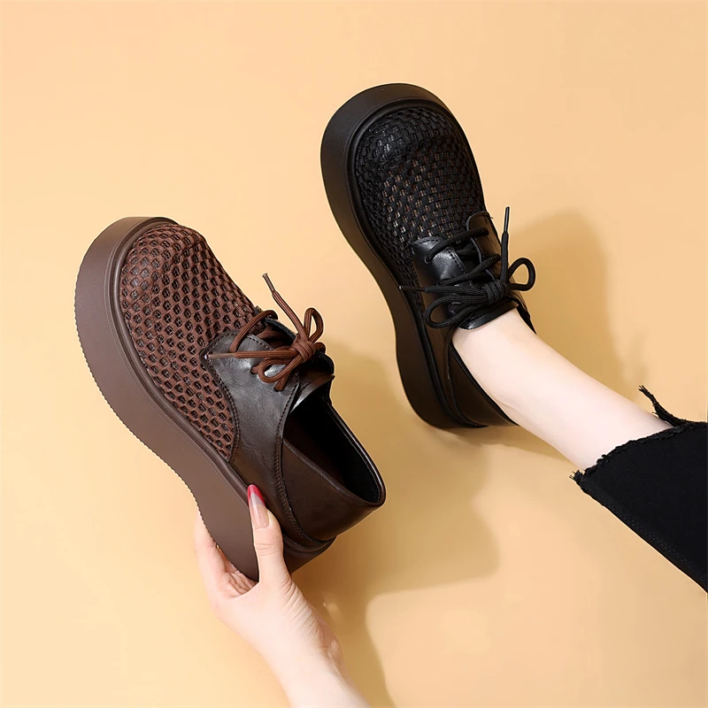 厚底两穿乐福鞋女2025新款夏季网纱透气软底系带显脚小皮鞋小码34