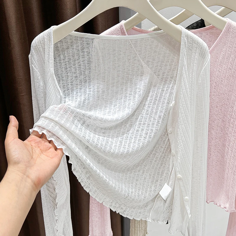 白色针织薄款配吊带裙外搭长袖圆领开衫女2025夏季新款防晒空调衫