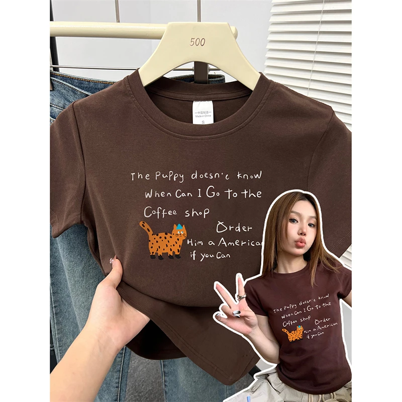 大码女装美式复古正肩短袖t恤女日常微胖穿搭显瘦修身高弹力上衣