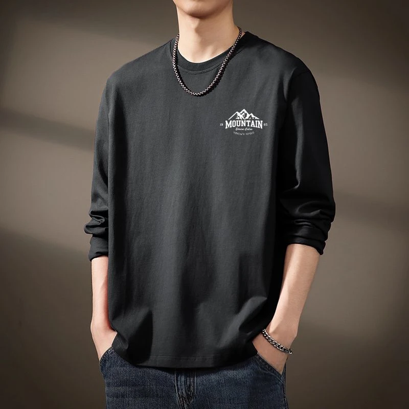 春秋季新款重磅纯棉T恤休闲长袖圆领印花宽松打底潮牌男士上衣