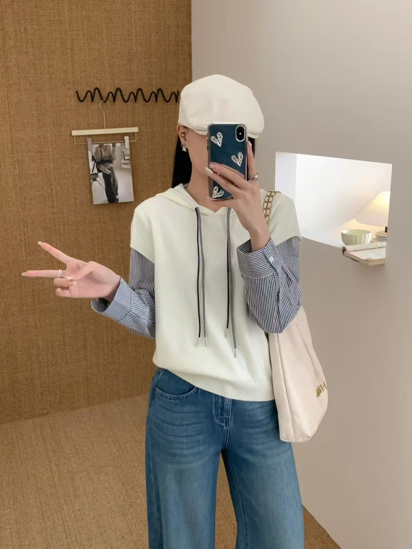 秋冬假两件女装连帽针织衫衬衫袖拼色百搭宽松显瘦上衣内搭打底衫