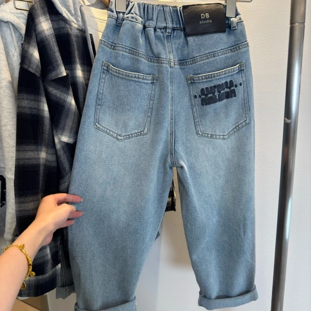 男童春季牛仔长裤棉布水洗弹力休闲老爹裤潮流时尚高腰韩版百搭