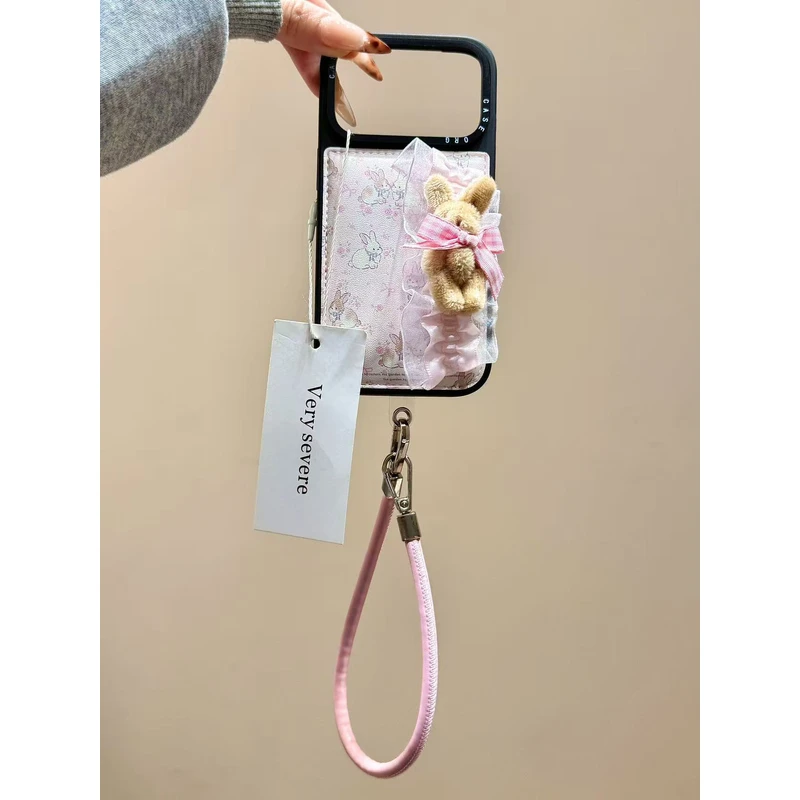 鼓包皮质粉碎花立体兔子手拎绳适用苹果17promax手机壳15iphone16