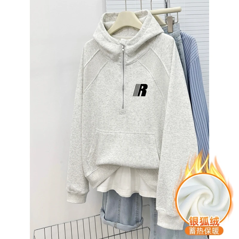 美式休闲半拉链连帽卫衣女2025秋冬新款加绒加厚潮牌宽松大码外套