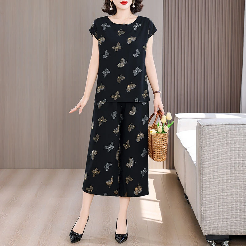 新款棉绸套装女夏季气质洋气减龄妈妈装短袖宽松大码阔腿裤两件套