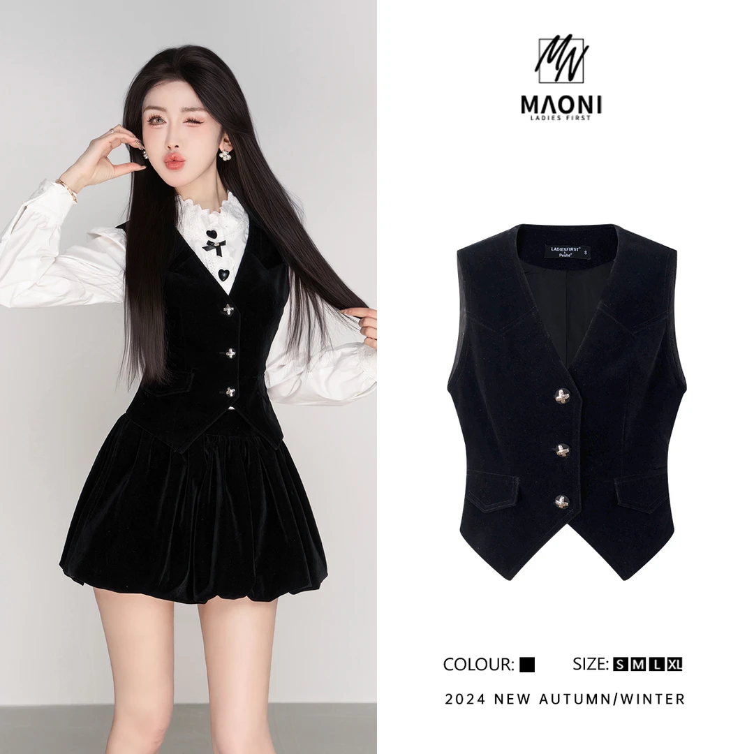 毛妮Peshe【丝绒马甲】v领单排扣无袖修身显瘦气质2024秋冬 L1175