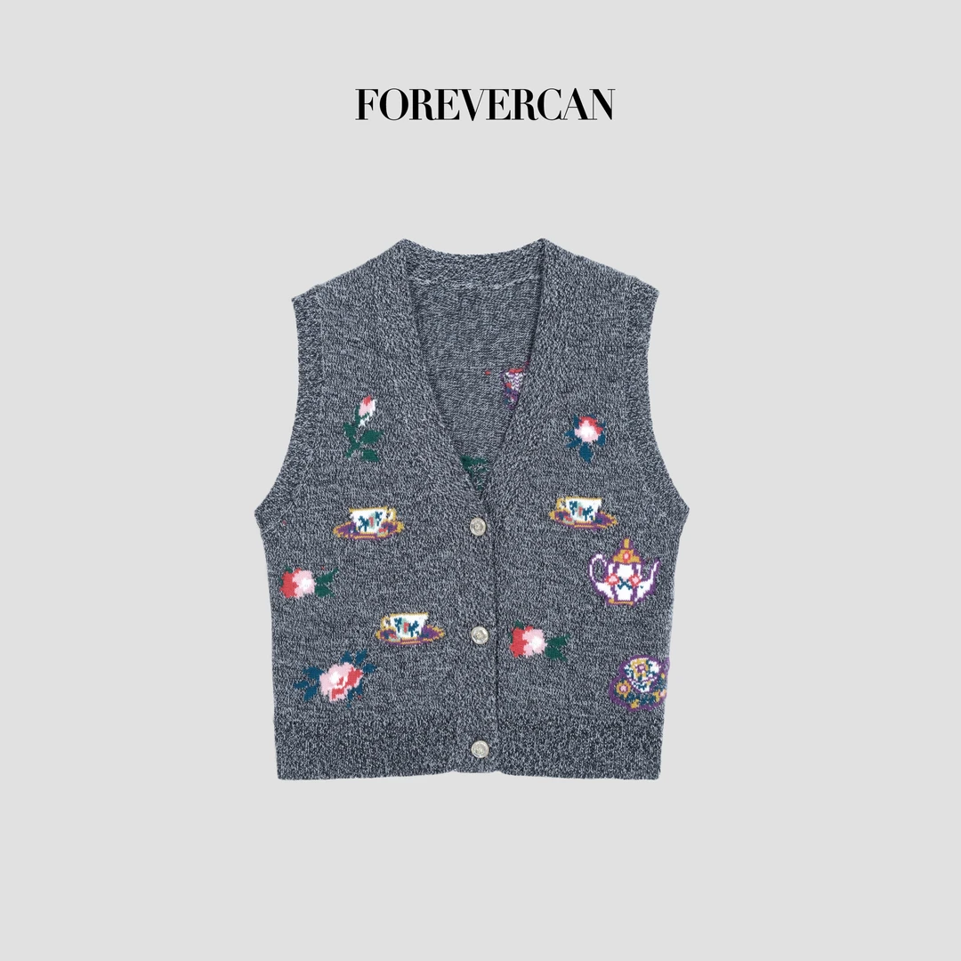 FOREVERCAN“花城故事”小茶壶玫瑰提花美丽诺羊毛马甲背心MY4616
