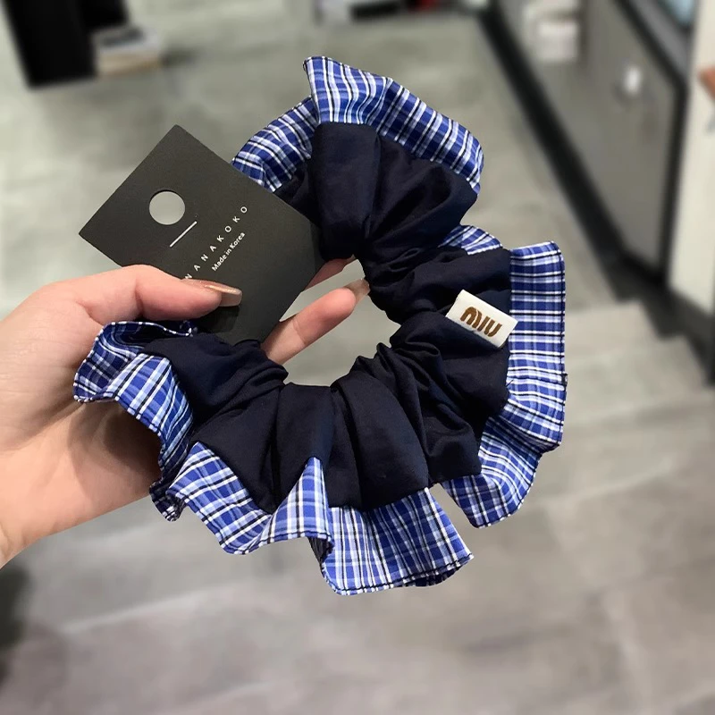 韩国东大门文艺少女撞色格纹褶皱肥肠圈藏蓝色显白高级感发圈头饰