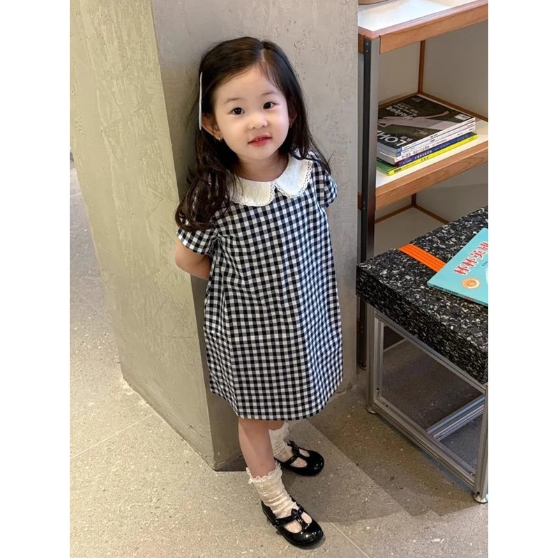 童装女童连衣裙2025夏季法式女宝宝甜美可爱娃娃领格纹复古公主裙