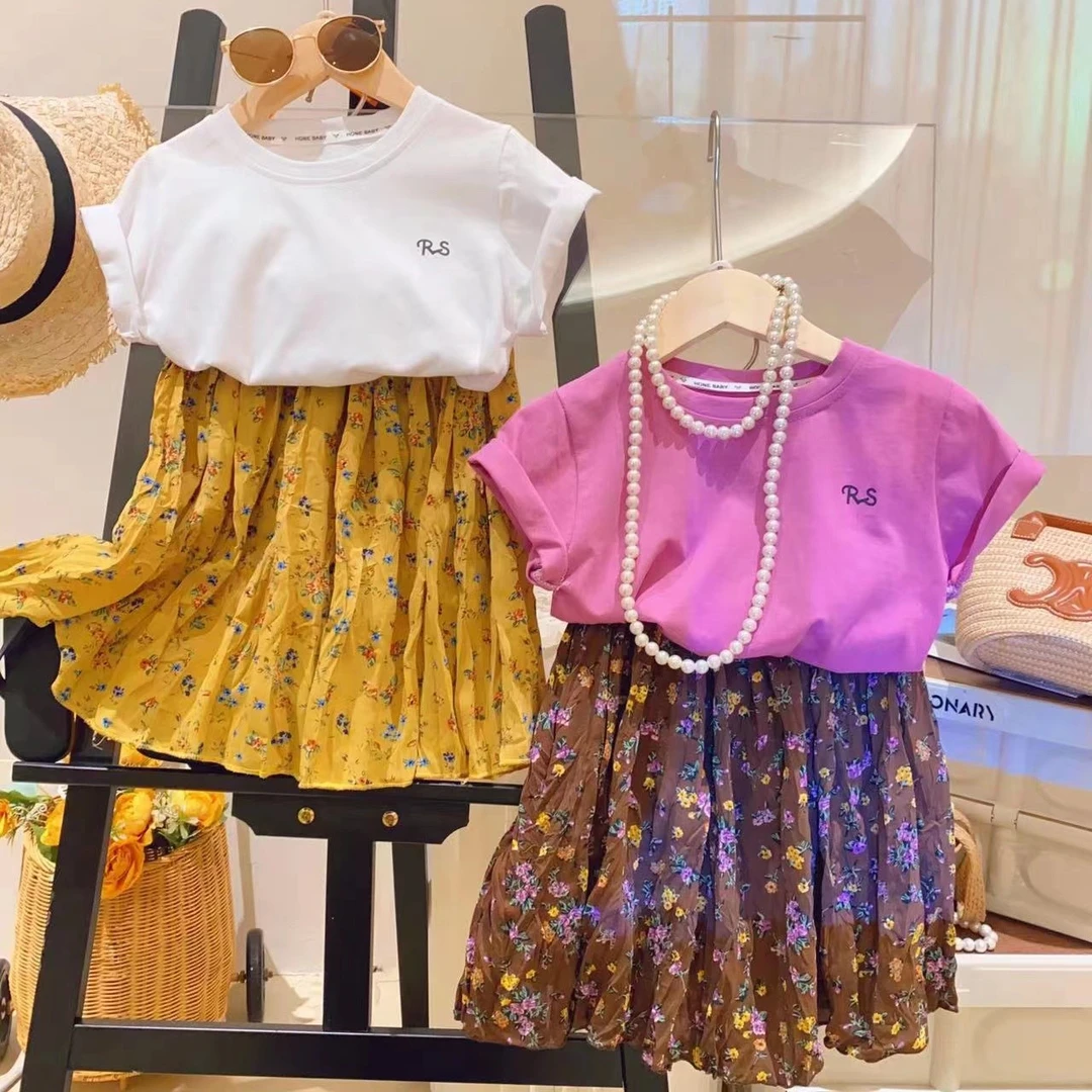 HHkids女童字母短袖打底衫碎花百褶洋气半身裙套装2024夏款GTZ501