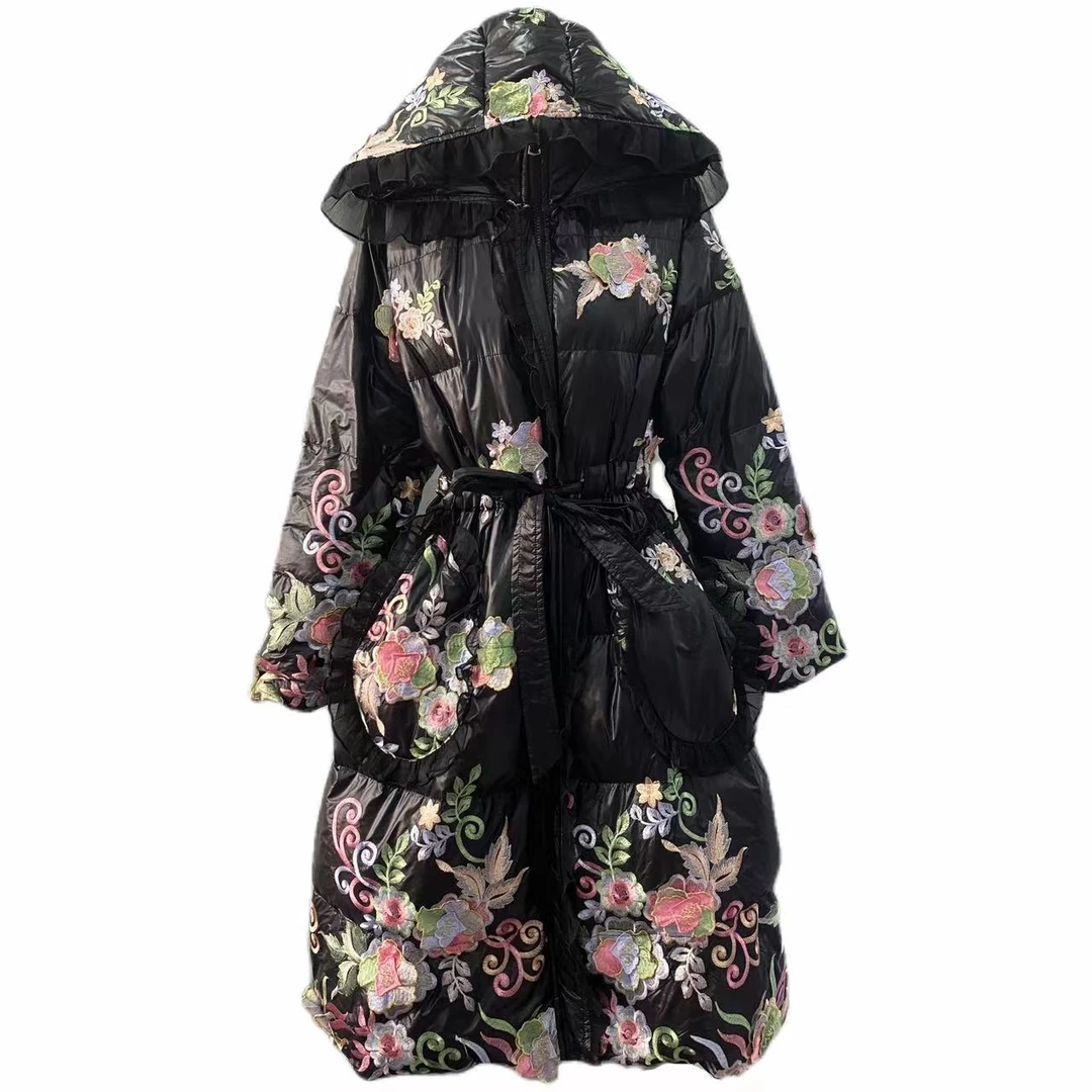 2025加厚白【含香花】新款冬装棉服外套刺绣过膝刺绣外