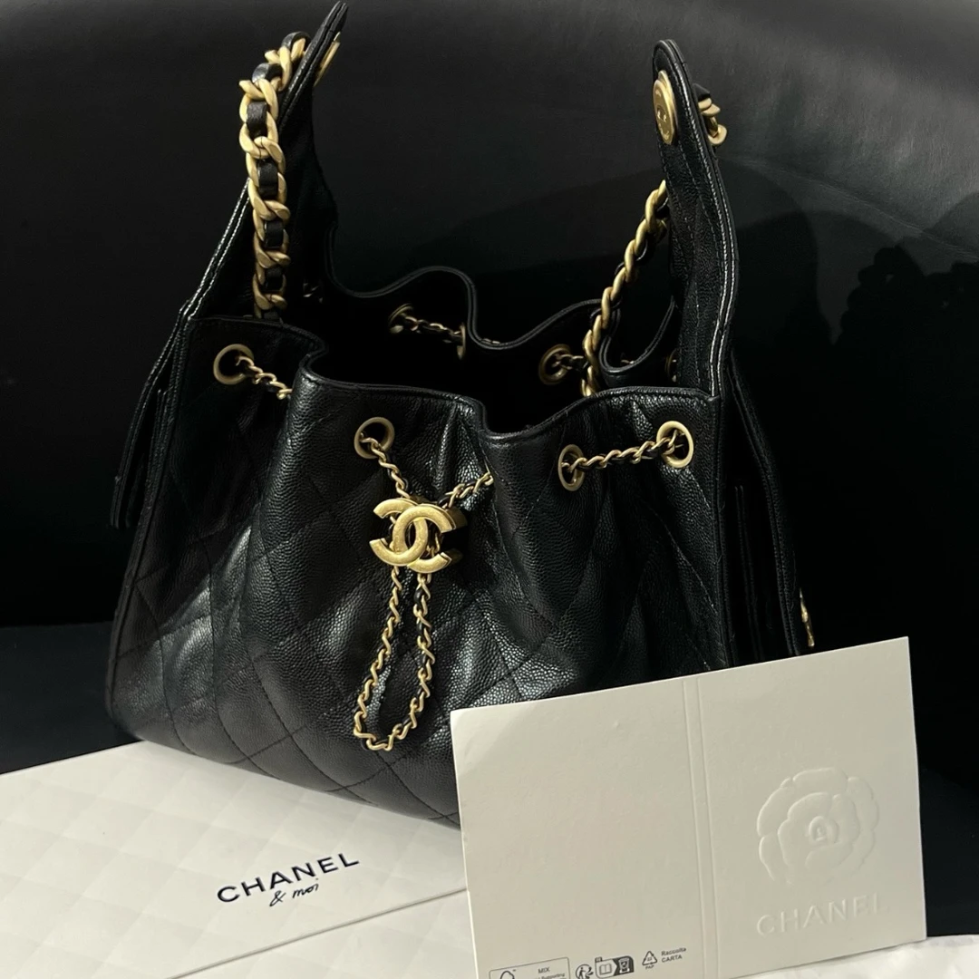 99新 Chanel/香奈儿 25bag黑金荔枝hobo小号单肩包