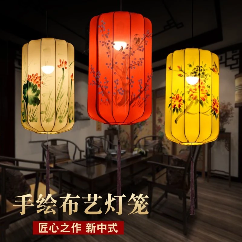 中式布艺吊灯笼古典手绘中秋国庆冬瓜长形饭店餐厅商场婚礼装饰灯