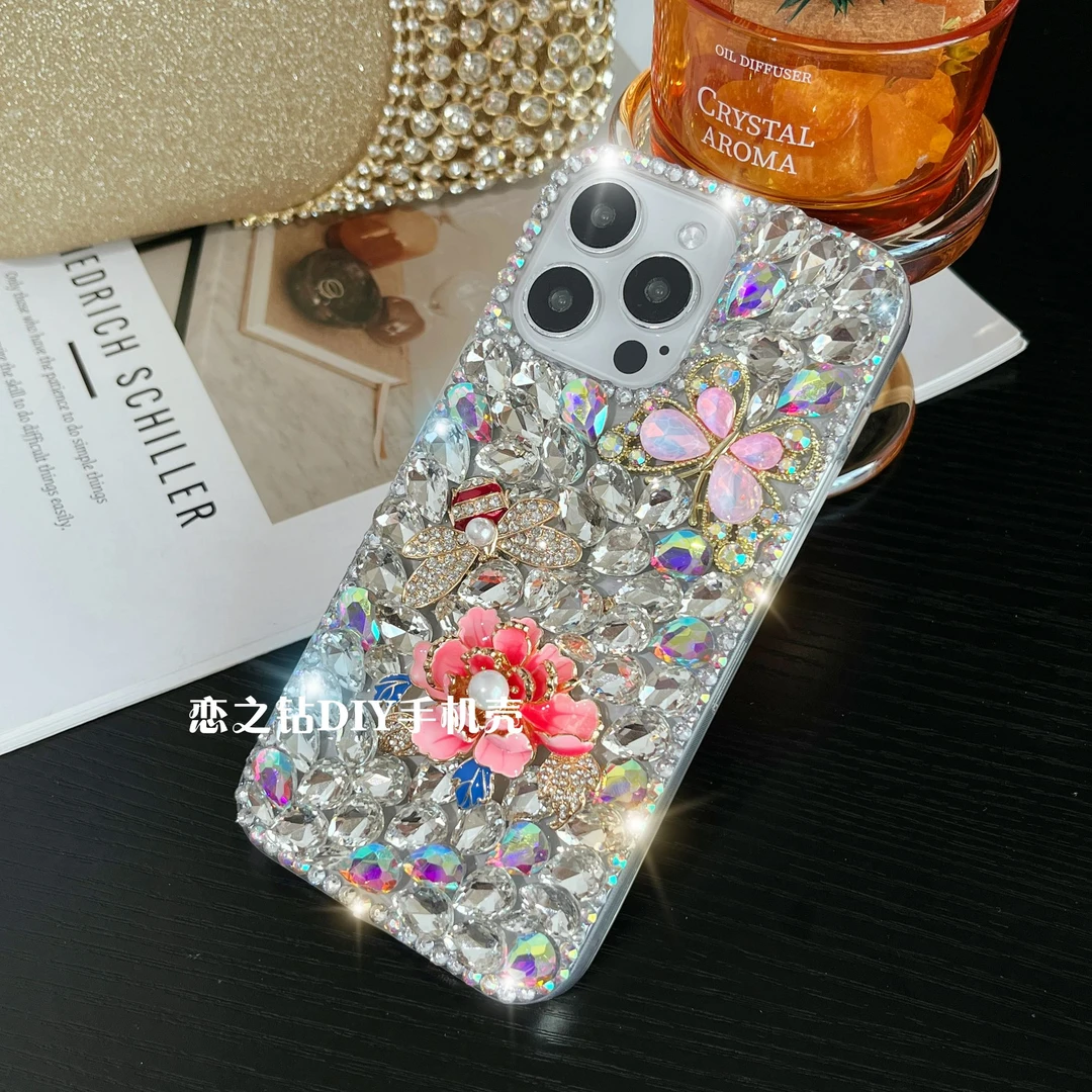 适用苹果16/华为/oppo/vivo国风牡丹花手机壳奢华满钻高级感网红