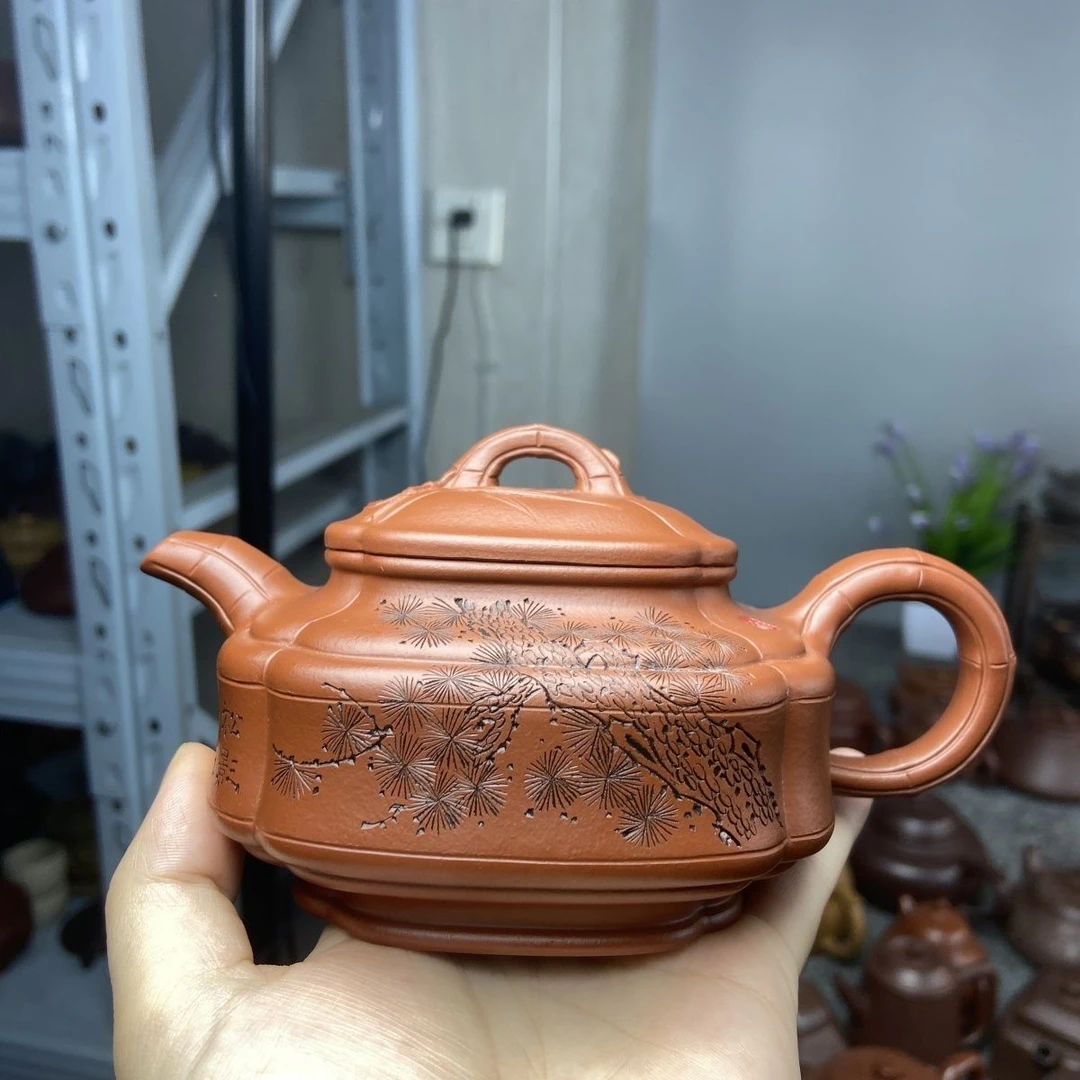 350毫升宜兴紫砂壶四方竹鼓刻松茶壶