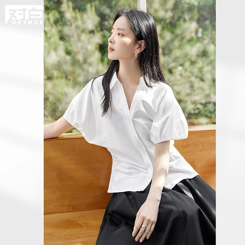 对白法式捏褶收腰短袖白色衬衫女2025夏季新款V领显瘦泡泡袖衬衣
