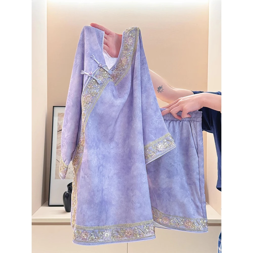 中式国风亮片花边短袖睡衣女2025夏季最新款大码缎面短裤复古套装