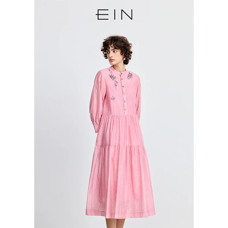 EIN/言斑驳玫瑰绣花丝棉立领贝壳扣碎褶蛋糕式连衣裙2025夏季新款