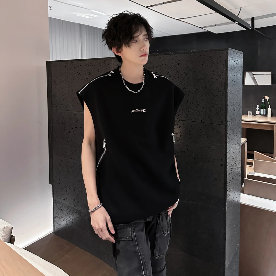 美式无袖背心男士夏季小众金属拉链无袖t恤潮牌解构潮流坎肩上衣