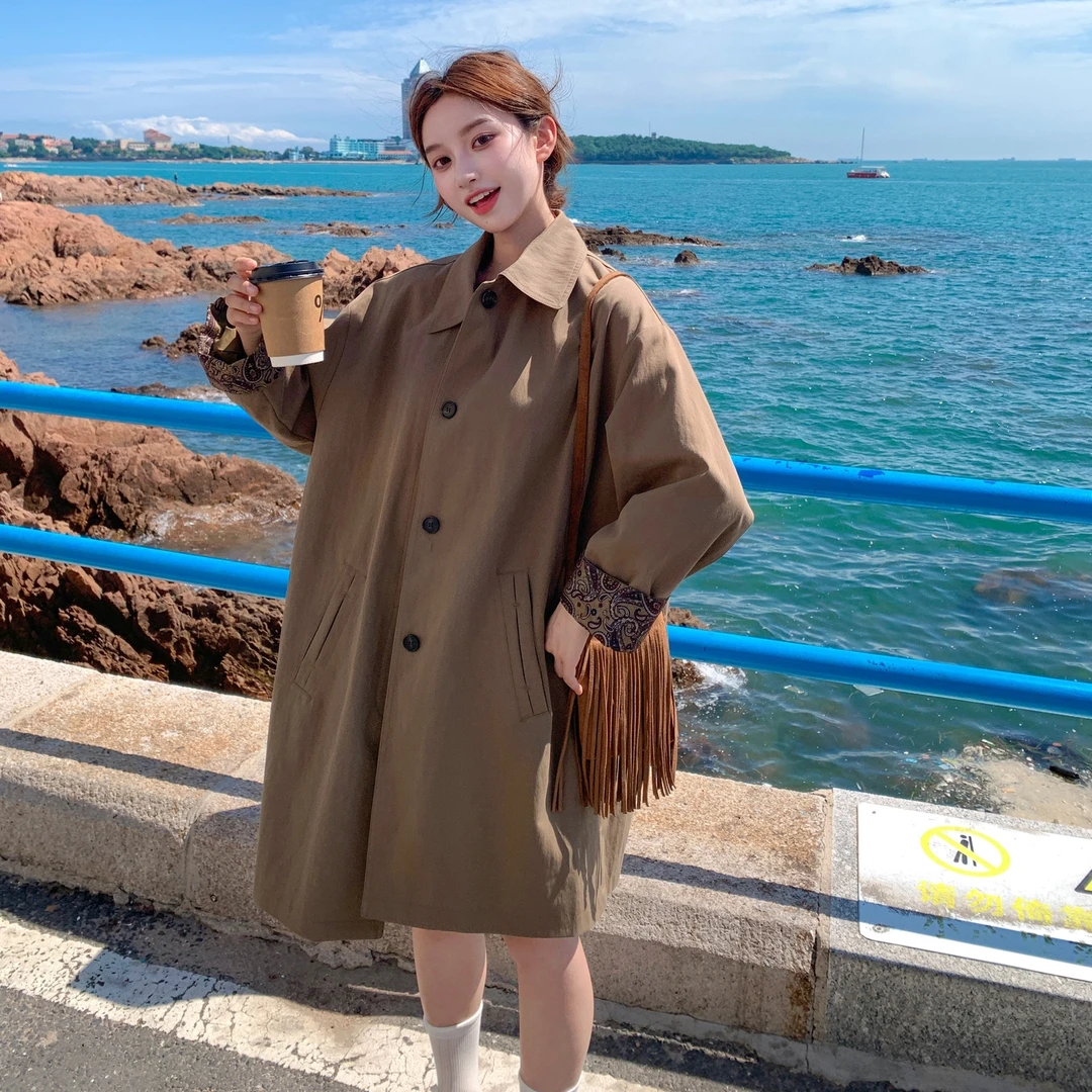 休闲气质碎花袖口咖色风衣外套女春秋2025新款小个子流行爆款大衣