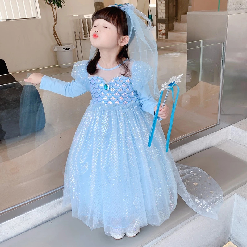 美人鱼公主裙女童秋季连衣裙儿童春秋款长袖艾莎中长蓬蓬网纱裙子