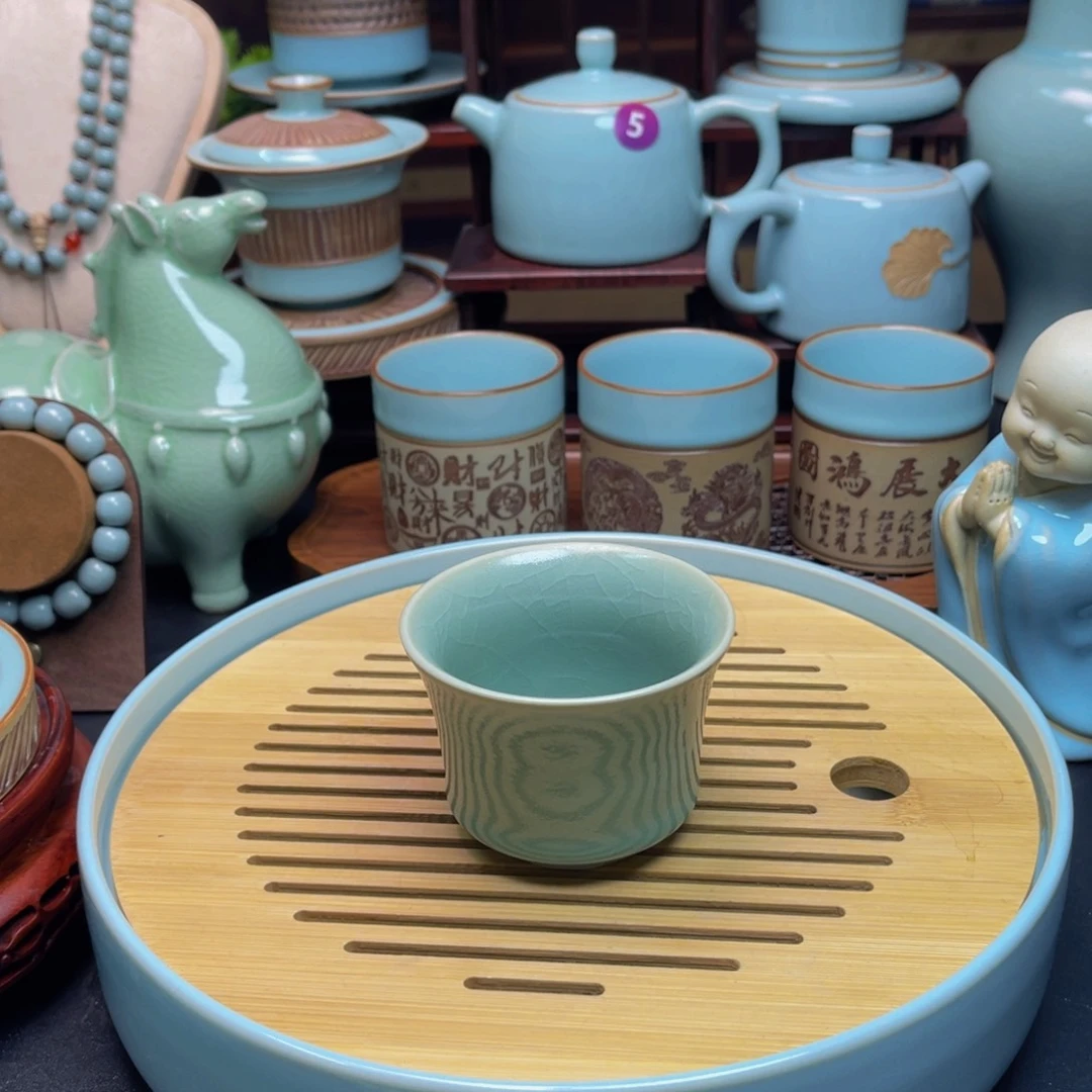 【闪购商品】摆件瓷汝州壶，壶，杯，天青，壶