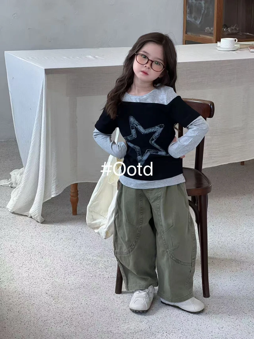OOTD-831-儿童女童洋气拼接印花T恤（秋款）