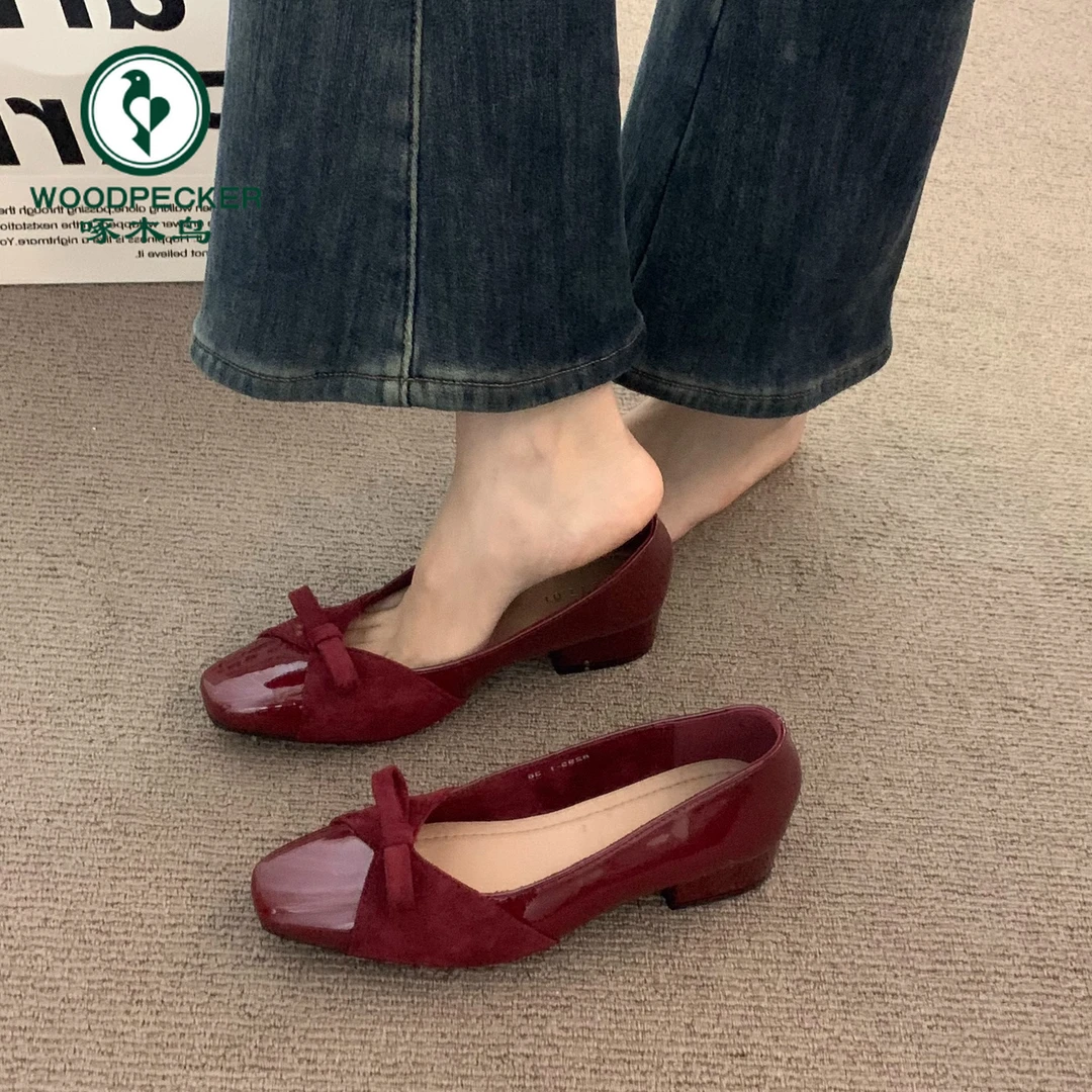 啄木鸟法式高级粗跟红色单鞋女2025春季中跟蝴蝶结通勤晚晚奶奶鞋