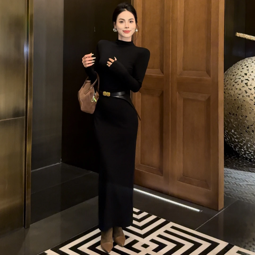 秋冬新款磨毛修身高级纯欲气质显瘦时尚性感包臀裙女人味儿连衣裙