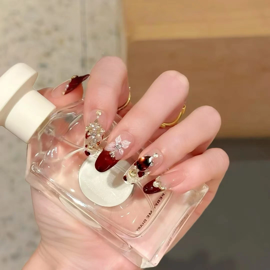 【红酒杯】手工穿戴甲酒红秋冬新春美甲雕花爆闪法式轻奢美甲十片装