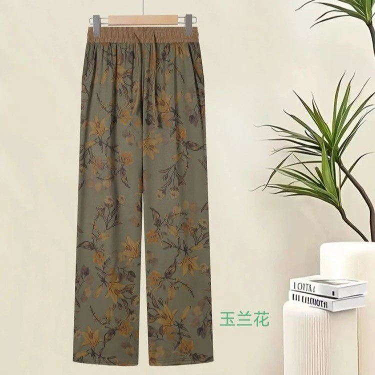 2025夏季新款中老年妈妈薄款缎面印花直筒裤高腰百搭显瘦阔腿裤女