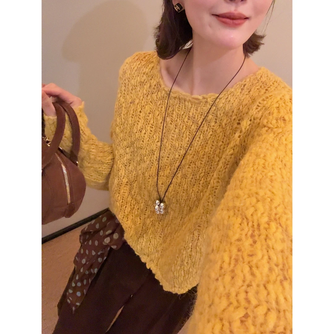 老赵服饰 黄色复古长袖套头毛衣慵懒风针织衫上衣 21AU3976