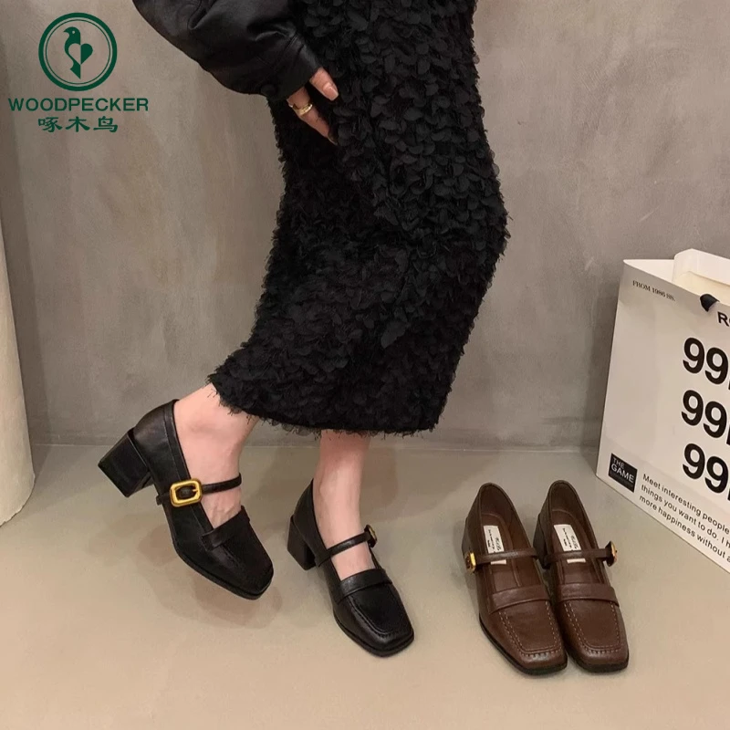 啄木鸟法式复古黑色玛丽珍鞋粗跟高跟鞋女鞋子早秋单鞋英伦小皮鞋