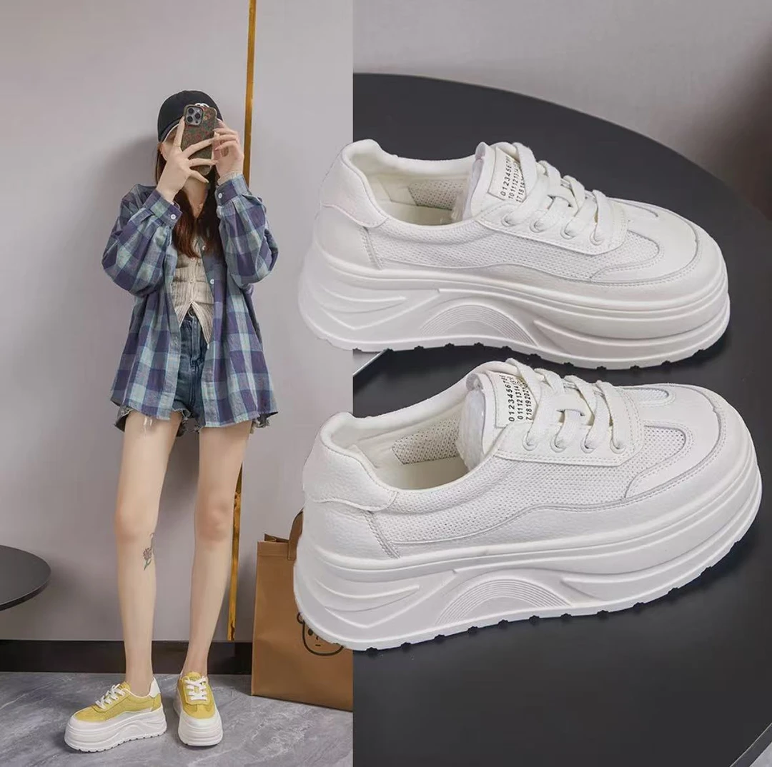2025夏季新款网面透气小白鞋百搭休闲运动女鞋厚底增高时尚松糕鞋
