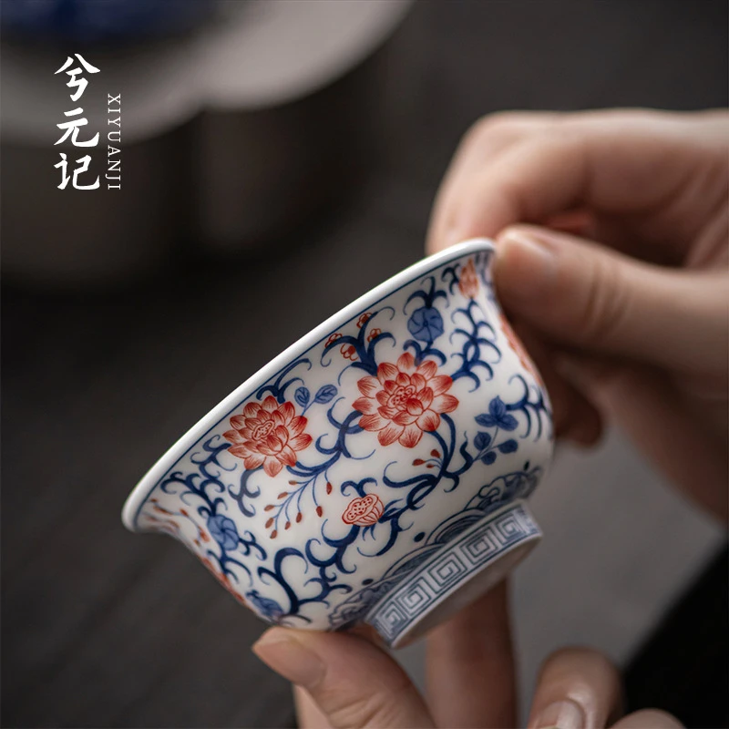 青花釉里红压手杯主人杯陶瓷茶杯伴手礼高档品茗杯手工茶盏