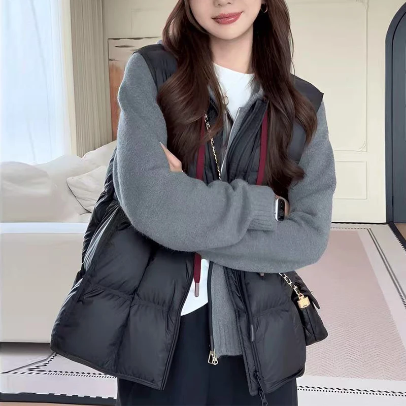 冬季休闲百搭简约圆领抽绳棉服马夹女百搭无袖纯色马夹女外穿外套